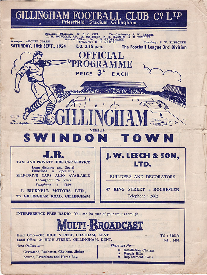 <b>Saturday, September 18, 1954</b><br />vs. Gillingham (Away)
